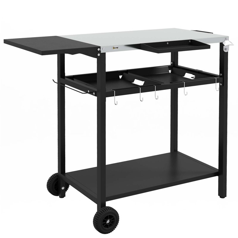 Outsunny Outdoor Bar Cart With Stainless Steel Tabletop, Kitchen Island With Wheels, 2 Tiers & Seasoning Shelf