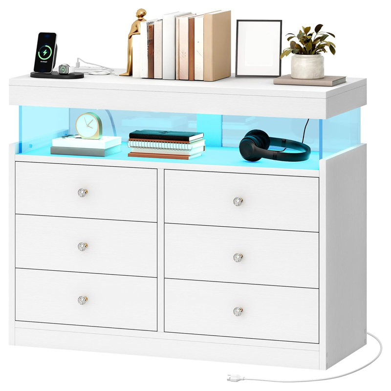 39.3"W  6 - Drawer Dresser Accent Chest with Power Outlet, LED Lights and Open Shelf