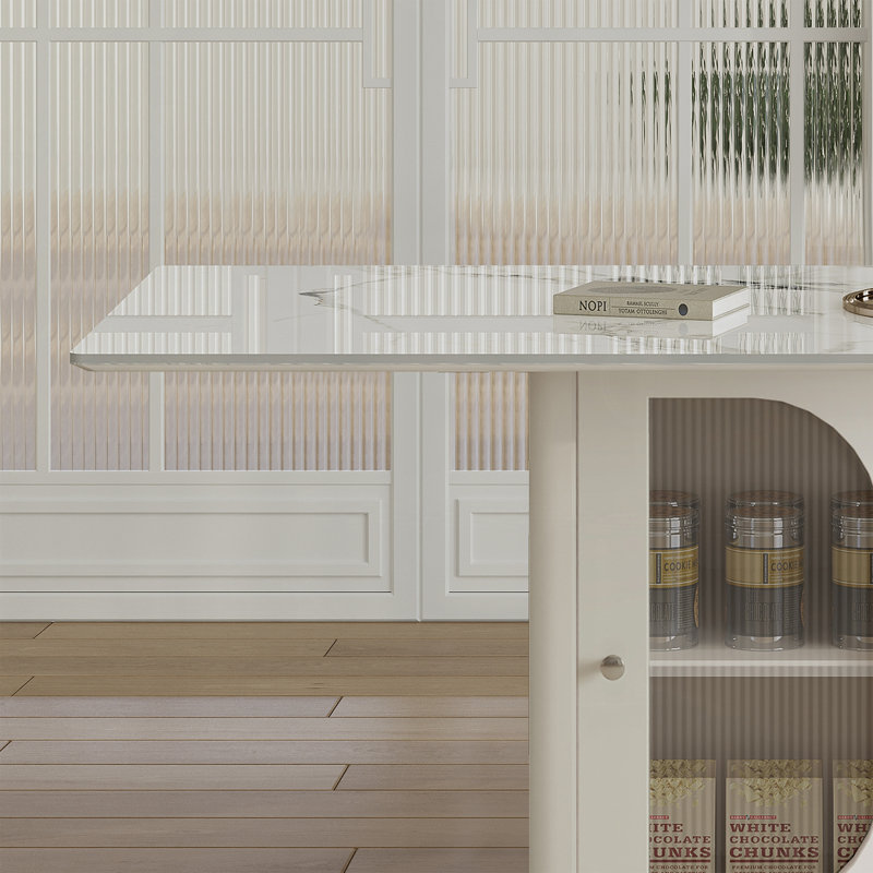 Ensemble de table de salle à manger 63 "pour 4 à 6 personnes avec rangement, plateau en pierre brûlée et base en bois massif doré, comprenant 4 chaises en polyuréthane blanc pour la cuisine