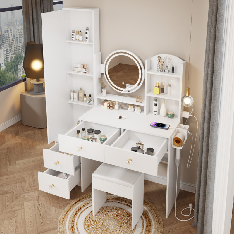 Mirror Cabinet + Round Mirror LED Vanity Table + Cushioned Stool, With 2 AC + 2 USB Power Station,17" Diameter LED Mirror, Touch Control