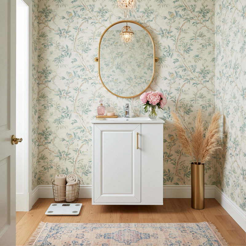 Meuble-lavabo mural simple 20 po avec lavabo en céramique, armoire flottante moderne avec tablettes latérales