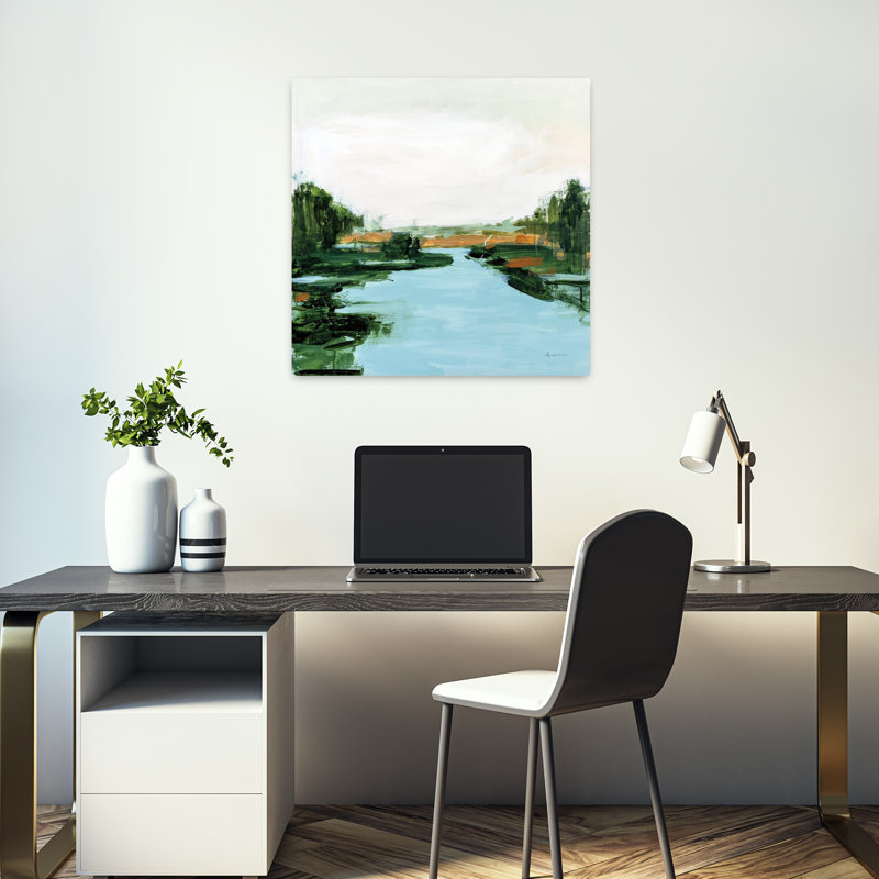 Rivière contemporaine contemporaine qui coule avec art abstrait bleu, H 18 po x l 18 po