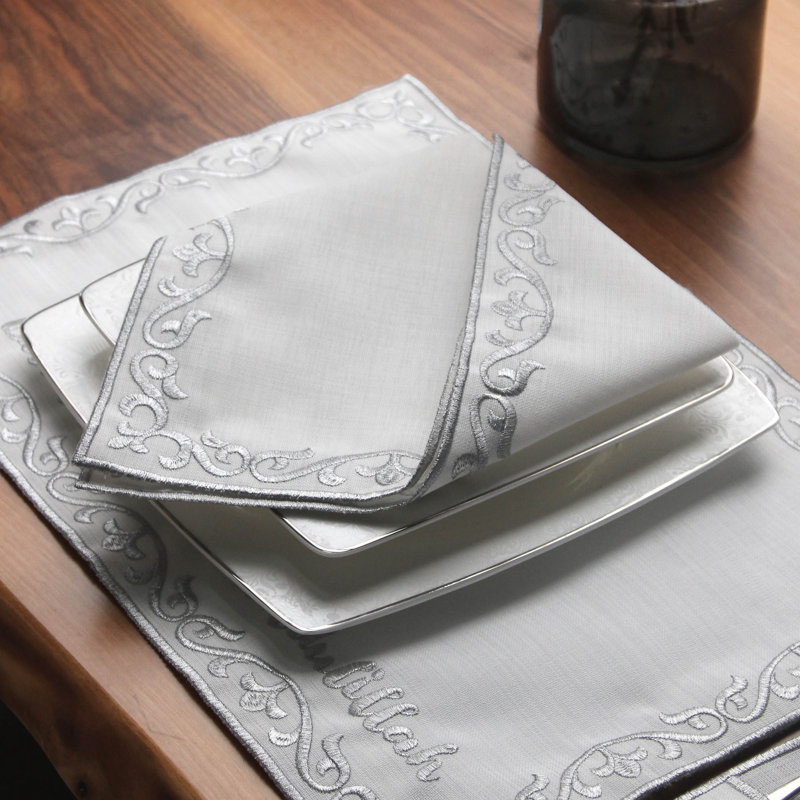 Embroidered White Linen Placemats with Gold Scrollwork – 24pc Elegant Table Mats Set for 6 Person | Islamic Decorative Dining Linens
