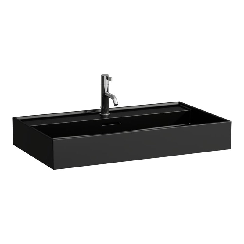 Countertop Washbasin, Ground Bottom, 4.75"H x 13.38"W x 17.69"D, 4.75" H x 18.13" W x 43.7" D, Matte Black, No Faucet Hole