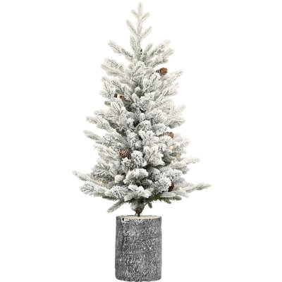 Arbre de Noël floqué avec base en pot, 150 lumières DEL blanc chaud