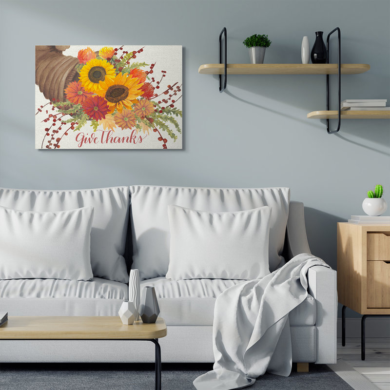Reproduction d’art graphique par Grace Popp-impression de fleurs d’automne « give thanks », Toile tendue