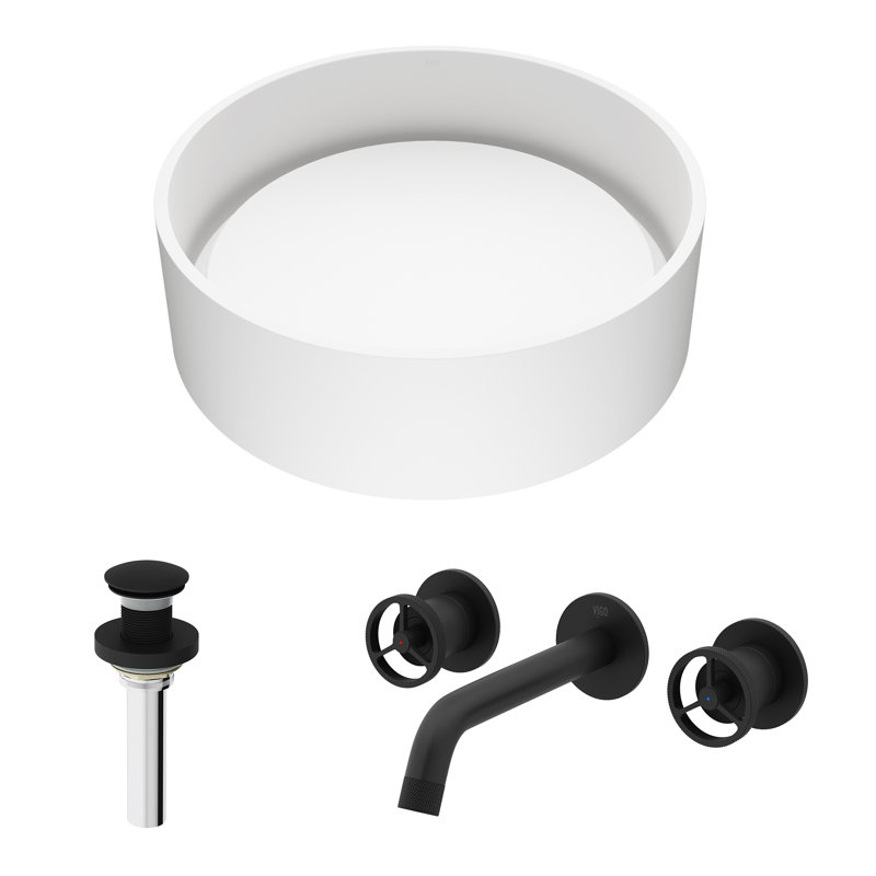Matte Black and White Round Stone Vessel Sink with Faucet