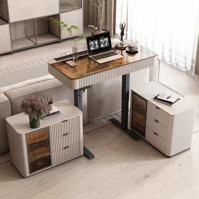 Home office desk, adjustable reversible standing desk with built-in USB and power outlet, glass top, storage drawers, two large capacity storage cabinets