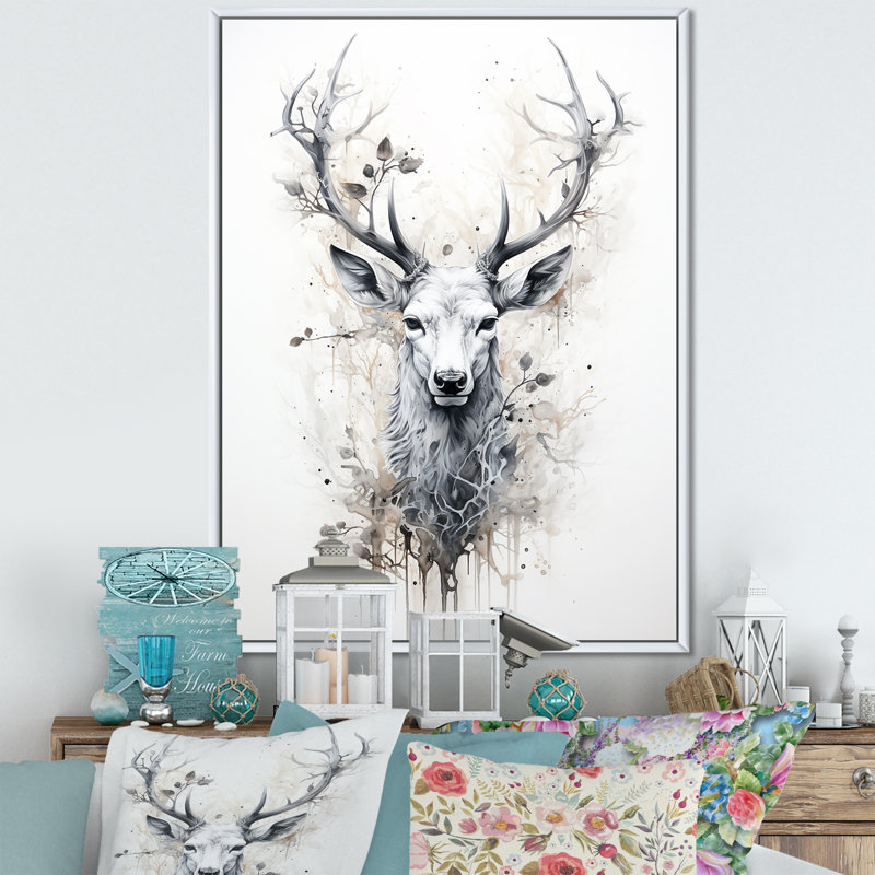 Portrait de cerf noir et blanc sur toile, H 44 po x l 34 po x P 1,5 po, Cadre flottant blanc