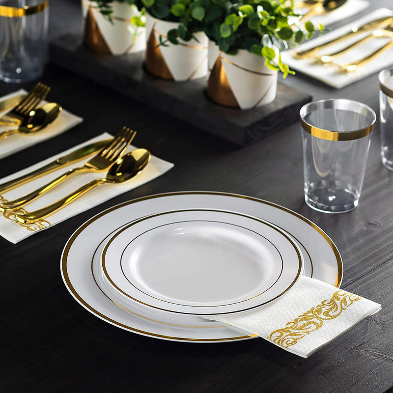 Assiettes en plastique pour 30 invités, Bordure or blanc