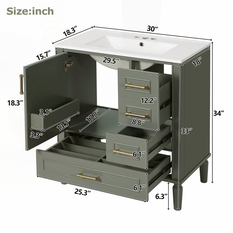 Meuble-lavabo 30 po avec lavabo en céramique, Vert olive