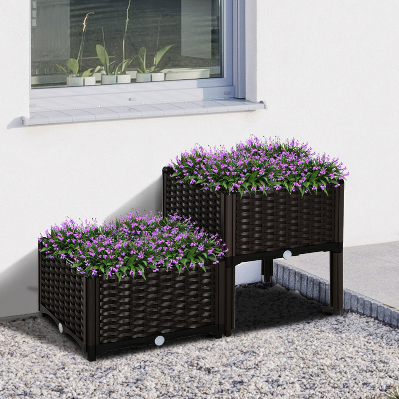 Lit de jardin surélevé auto-arrosant avec pieds. Gris, pour l'entretien des plantes. Polypropylène, pieds à niveaux optimaux, boîte à fleurs. Fleur, herbe, culture de légumes. Contrôle du débit d'eau