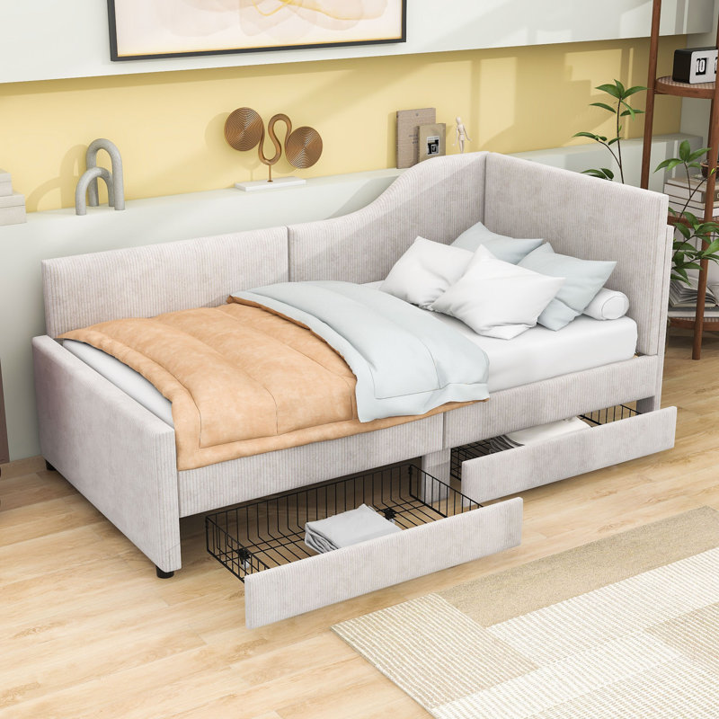 Twin Wood L-Shaped Upholstered Bed with Drawers, Beige