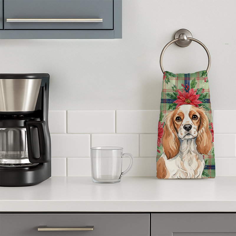 Blenheim Cavalier Spaniel Christmas PoinsettIas Kitchen Towel, White/Tan Blenheim Cavalier Spaniel