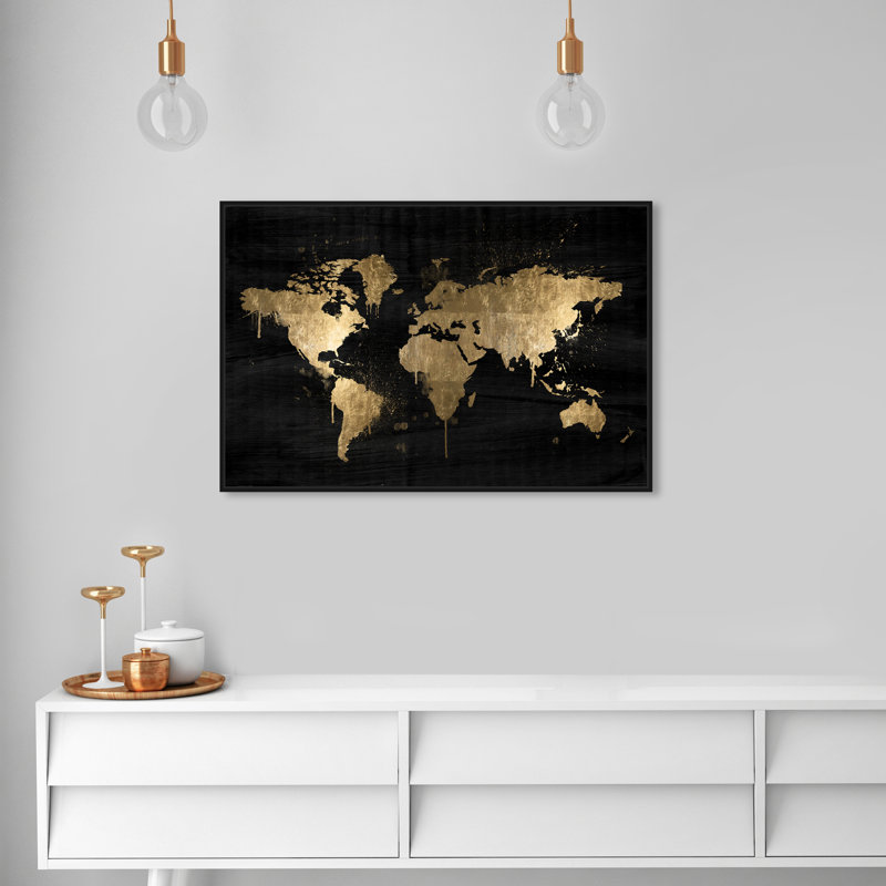 «Mapamundi Gold», reproduction d'impression sur toile, Cadre noir, H 45 po x l 30 po
