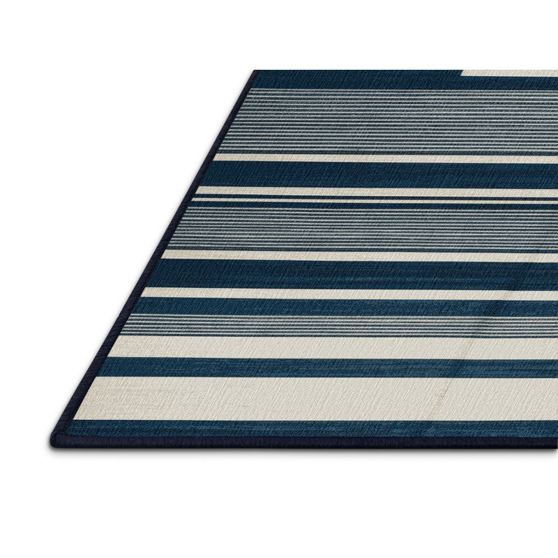 Washable Steel Blue White Striped Area Rug, Rectangle 7' x 10'