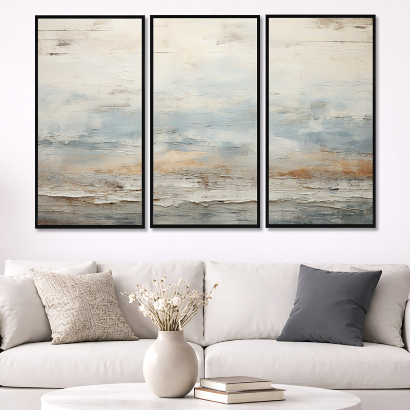 Beige Blue Ocean Storm - Abstract Shapes Wall Art Set, Black Floater Framed, 40" H x 60" W x 1" D