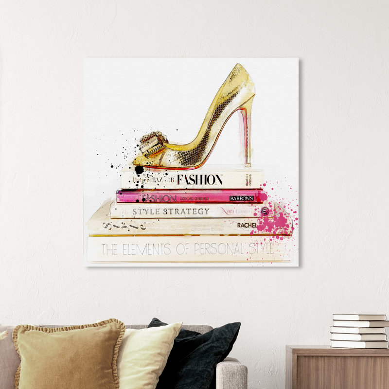 Impression sur toile dorée et sur mesure, chaussures dorées et livres de mode, talons et livres modernes