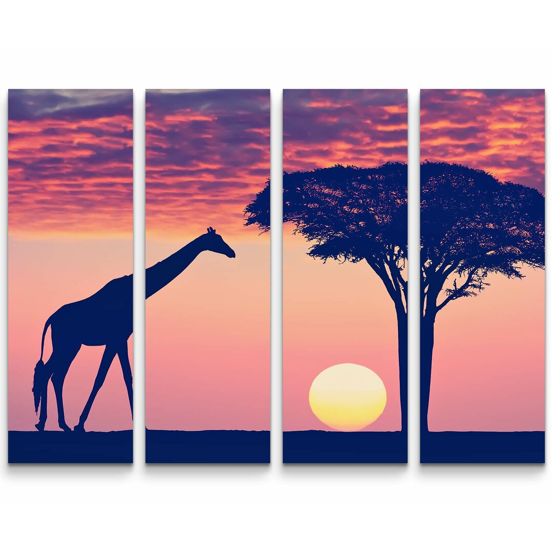 4-tlg. Leinwandbilder-Set Giraffe bei Sonnenntergang