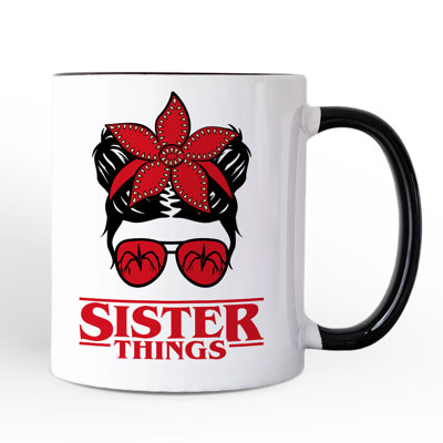 Sister Things Messy Bun Retro Mug, Red Bandana Glasses Family Matching Gift with Custom Name