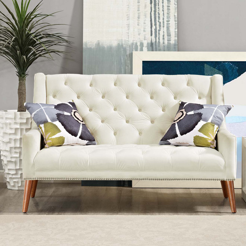 Modway Peruse Tufted Velvet Mid-Century Loveseat, Ivory