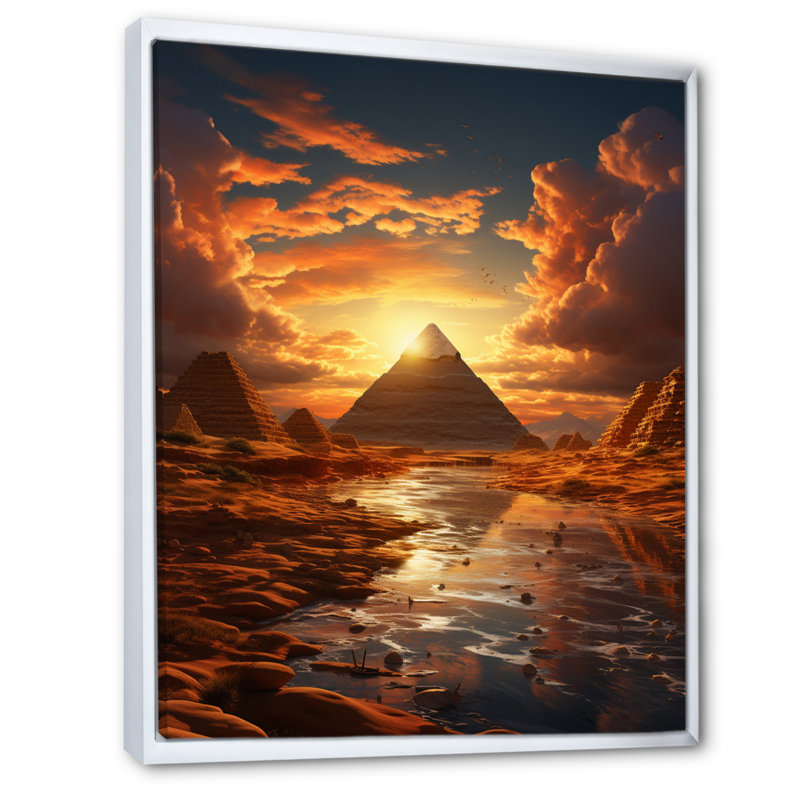 Egypt Golden Pyramids I - Egypt Wall Decor, 20" H x 12" W x 1" D, White Floater Framed