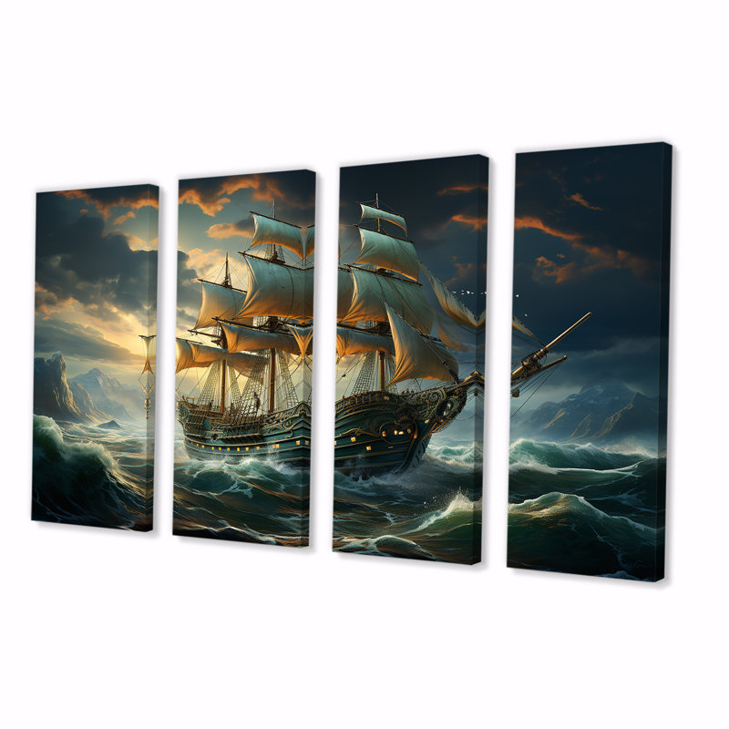 «Pirate Ship Legacy I - Pirate», art mural 4 pièces, H 32 po x l 64 po