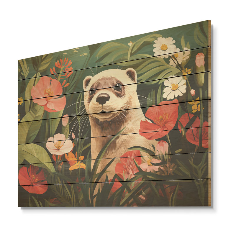 Loutre ludique en fleurs tropicales I - loutre sur bois, H 30 po x l 40 po x P 0,78 po