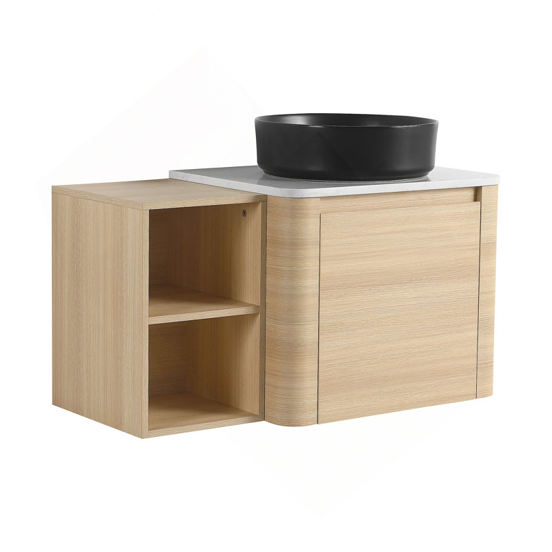 Meuble-lavabo mural 36 po avec lavabo d'art en céramique, tablettes de rangement et porte à fermeture en douceur pour salle de bain moderne