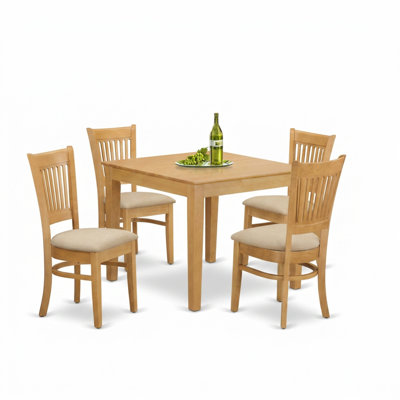 Oak Finish Asian Wood Rubberwood Square 5 Piece Kitchen Table Set with 4 Hardwood Chairs Microfiber Upholstery Slatted Backs