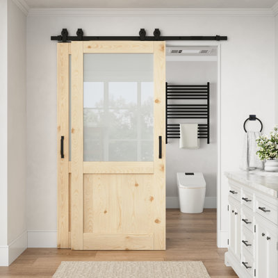 Porte intérieure en pin massif, demi-vitrée, 64 po x 80 po, avec quincaillerie pour porte coulissante de style grange, idéale pour le salon ou le garde-manger.