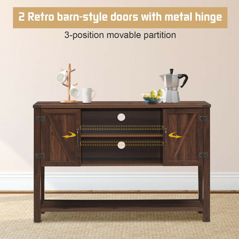Brown Fir Wood Console Table with Cabinets and Shelves