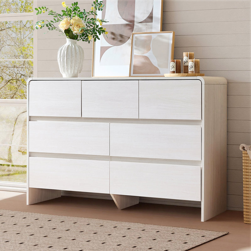 Commode moderne à 7 tiroirs avec coins courbés et conception à devant affleurant, armoire de rangement minimaliste pour chambre à coucher ou salon