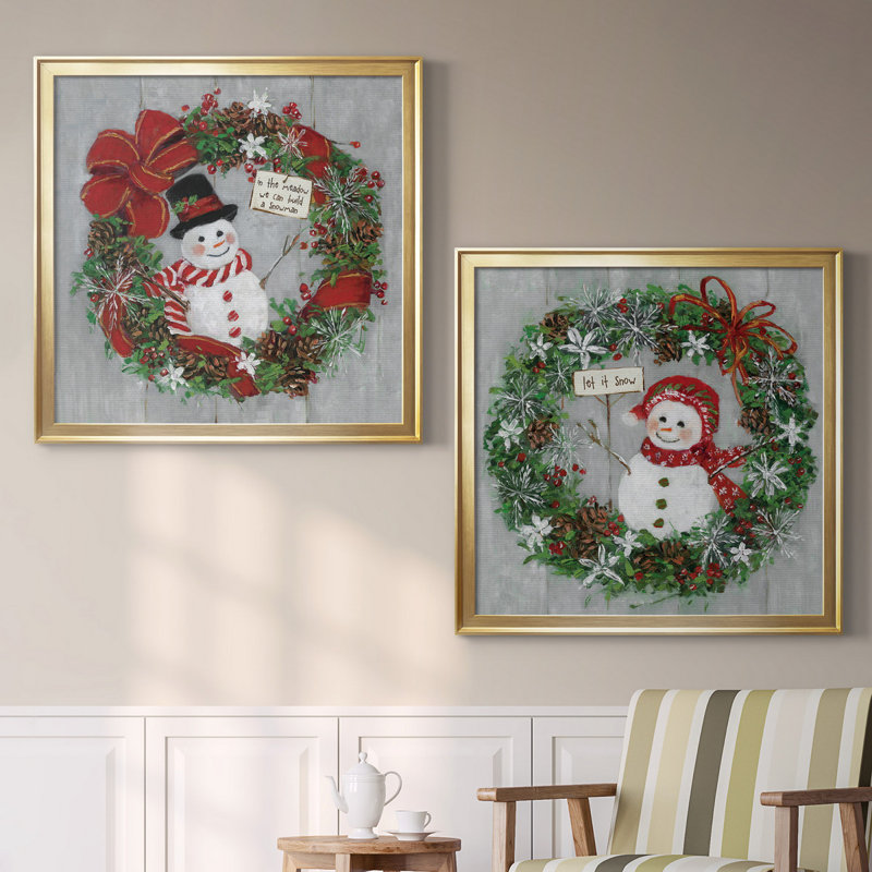 Mr. Snowman - Ensemble de 2 reproductions d'art encadrées, H 34,5 po x l 69 po x P 1,5 po, Toile encadrée dorée, Pas de tapis