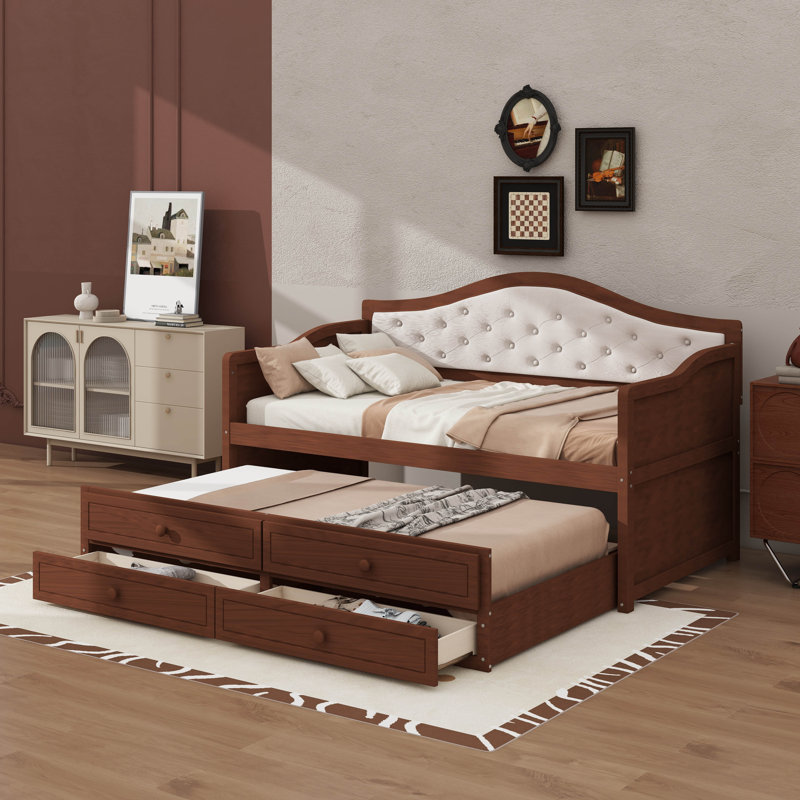 Twin Daybed With Pull-Out Trundle, Daybed With 2 Built-In Storage Drawers, Wooden Sofa Bed With Upholstered Button-Tufted Back For Living Room