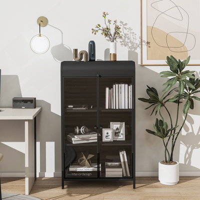 Armoire de rangement autoportante en métal avec portes en verre et dessus rabattable à plusieurs niveaux pour la cuisine, le salon, le bureau et la salle de bain