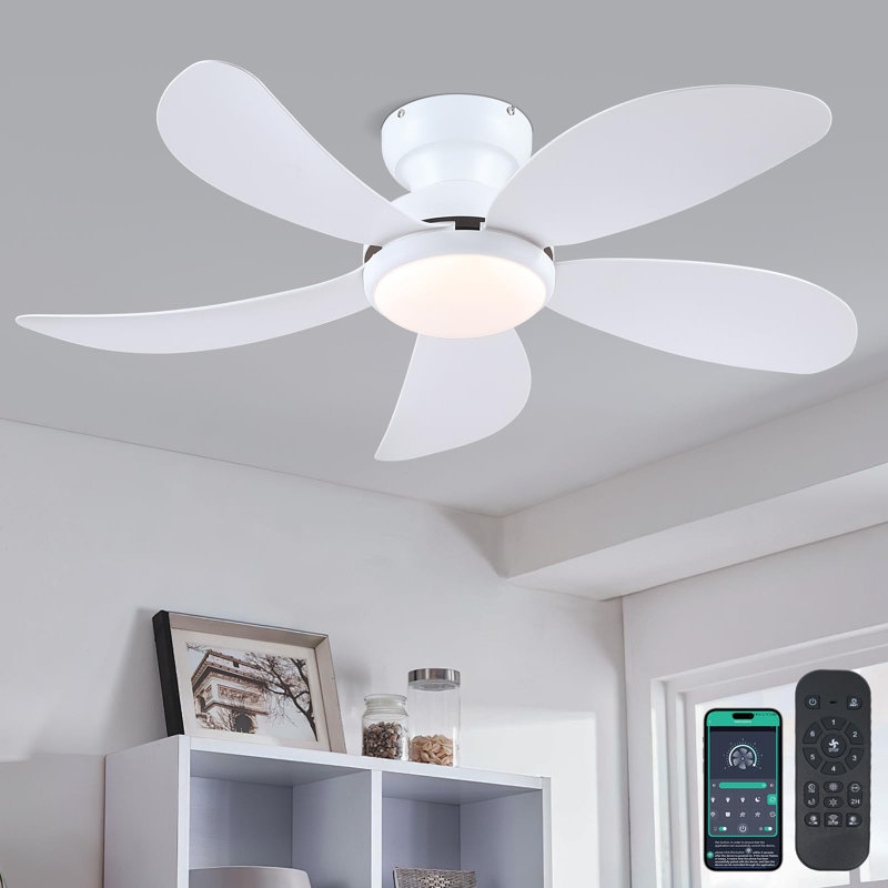 Low Profile 42'' 5- Blade Indoor Flush Mount Ceiling Fan With Led Light, Dc Motor And Remote Control, White