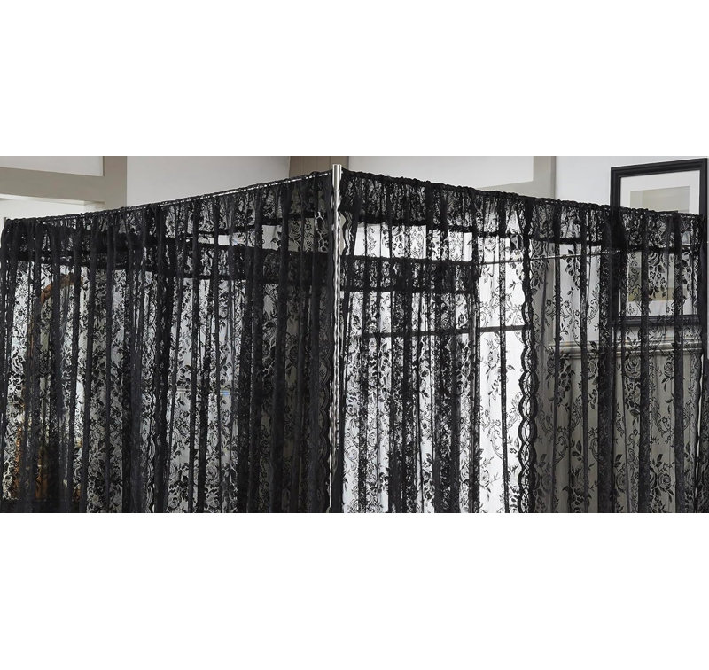 8 Piece Black Lace Canopy Bed Curtains Set With Tie-Backs for Queen or King Bed, Black