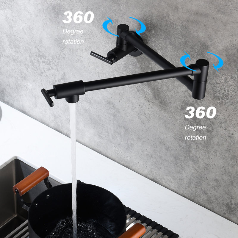 Matte Black Wall Mount Pot Filler Faucet, Brass, Double Handles Offer Smooth Water Flow, Arm, Corrosion Coated Finish Mounted Surface