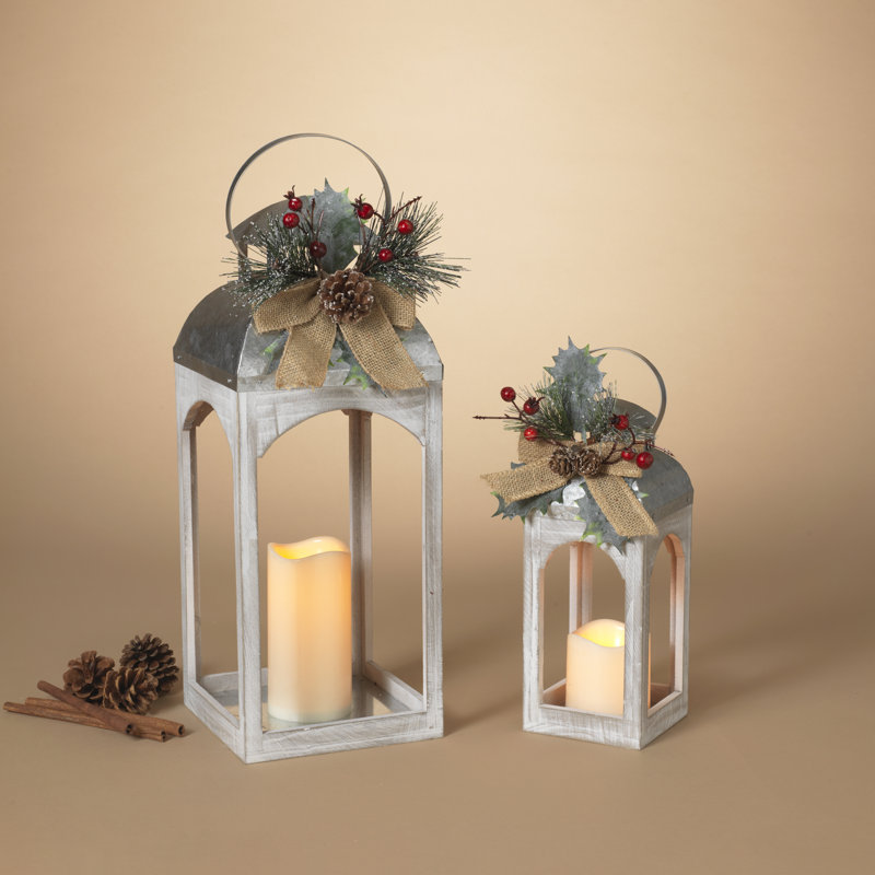 Set Of 2 Christmas Holiday Lantern With Floral Accents Led