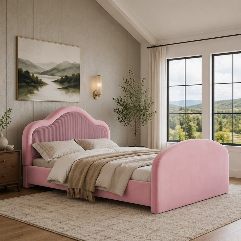 Tête de lit courbée rembourrée, lit d'enfant rembourré avec rails de sécurité latéraux et poche de rangement, lit de jeu à plancher bas