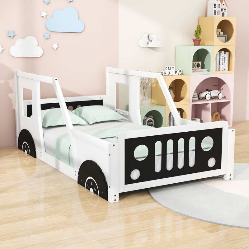 Lit plateforme en forme de voiture avec roues décoratives, Simple, Noir