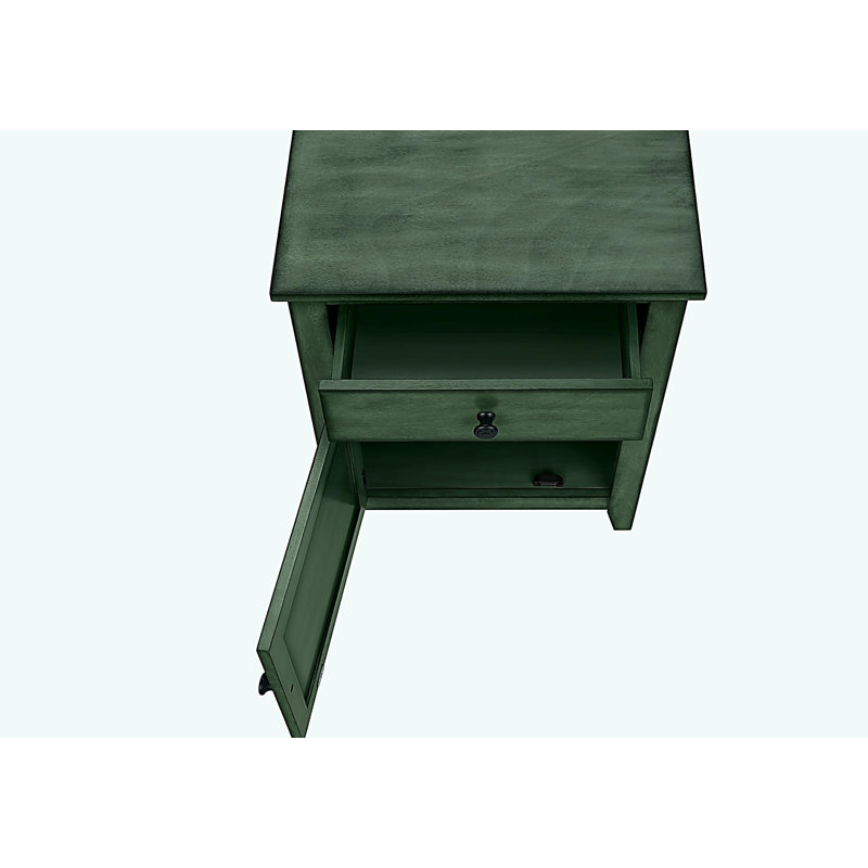 Table d'appoint, table de chevet, tiroir de rangement, bout, table d'appoint, chambre à coucher, lampe, rangement, placage vert antique, transitionnel
