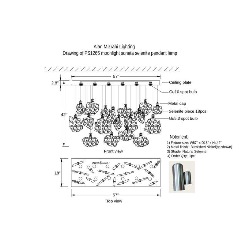 Lustre Sonate au clair de lune, 69 po de largeur x 22 po de profondeur x 55 po de, Naturel, Nickel poli