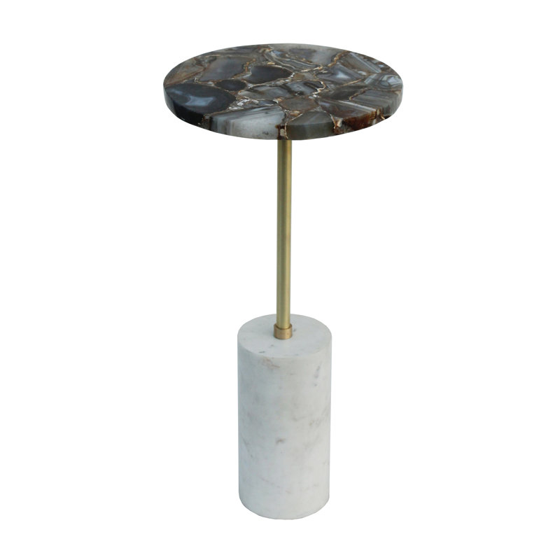 D12x24" Black Agate Brass Side Table With Cylindrical Marble Base, Black