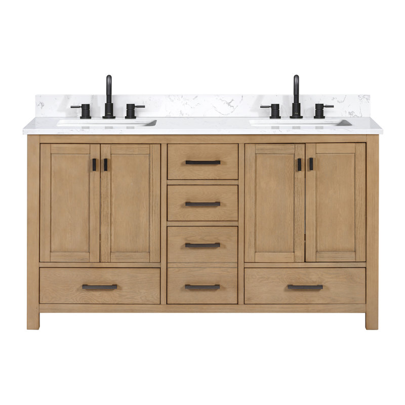 Modero 60" Double Bathroom Vanity with Top, Cala White, Brushed Oak, Black