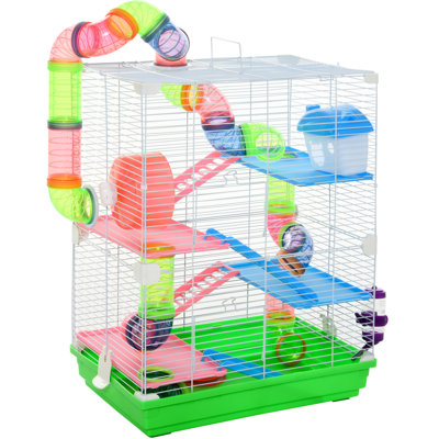 PawHut 18" 5 Tier Hamster Cage with Tubes and Tunnels, Small Animal Cage with Portable Carry Handle, Rat Gerbil Cage with Water Bottle, Food Dish, Exercise Wheel