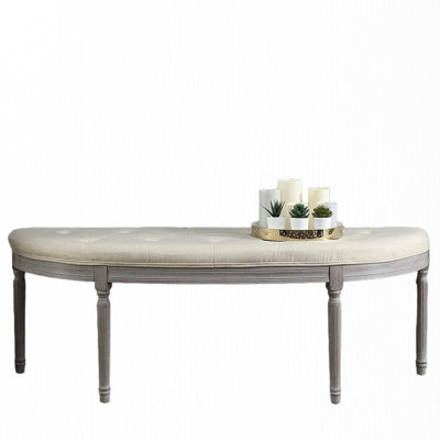 Button Beige Upholstered Coastal Bench With Weathered Gray Legs, Half Crescent Shape For Bedroom Use, And Maintainable, American Style, 19.5 In Width Style Fits Wall Corridors, Build, Simple Assembly,