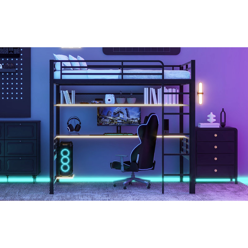 Full Size Metal Loft Bed Frame With Storage Shelf And LED Light,Iron Mesh,Black