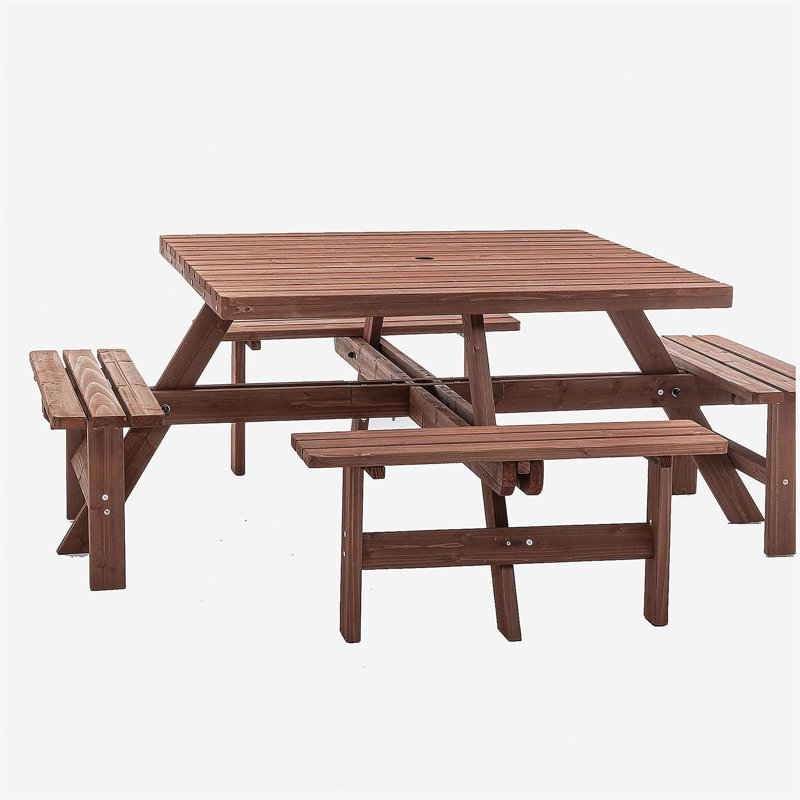 Table de pique-nique carrée pour 8 personnes avec trou pour parasol
